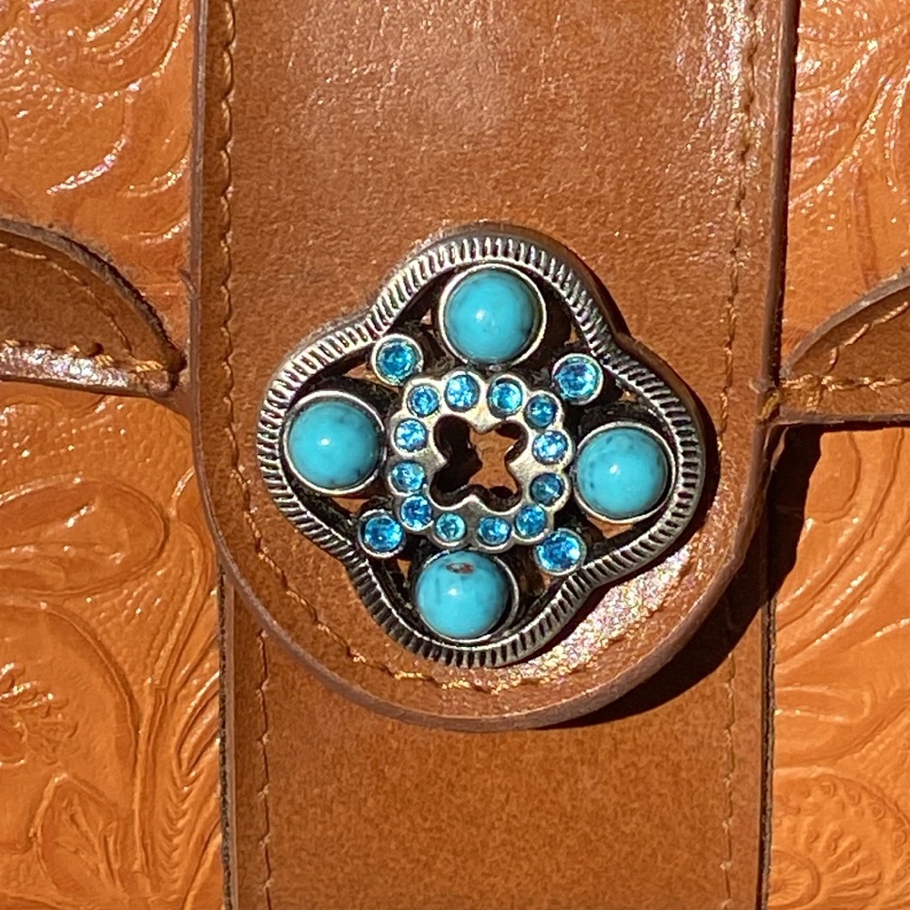 M.C. Floral Tooled Leather Wallet with Turquoise rhinestones & beads - Picture 10 of 16